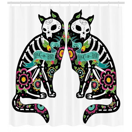 Black And White Bathroom Wall Art Day Of The Dead Shower Curtain, Skeleton Cats Festive Celebration Theme Spanish Art Print, Fabric Bathroom Set with Hooks, Black White Turquoise Pink, by Ambesonne ()