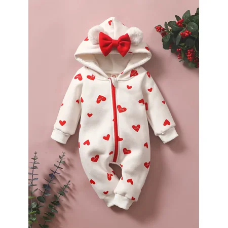 

GEDER-F Toddler Baby Heart Print Long Sleeve Hooded Jumpsuit For Girls
