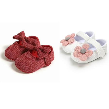 

2 Pair Baby Shoes 0-12 Months Boys Girls Infant Sneakers Soft Sole Toddler Crib First Walker Shoes 2 Pair/White Flower+Red Bow 6-9 Months