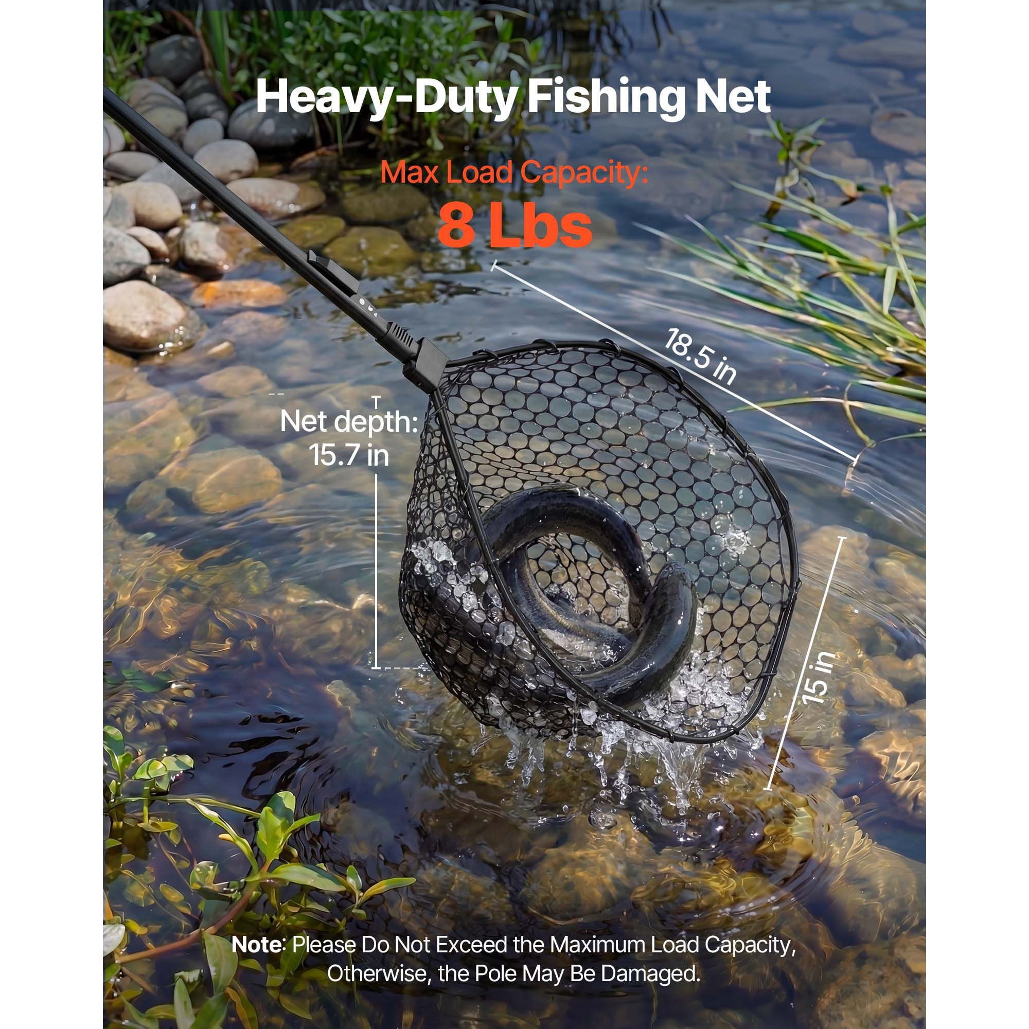 Fishing Net, Foldable Landing Nets with Telescopic Handle, Portable Lightweight and Stronger 6063 Aluminum Fish Gear, Soft Silicone Fish-Friendly Mesh, for Kayak, Boat, Bank, Pond, Gifts for Men