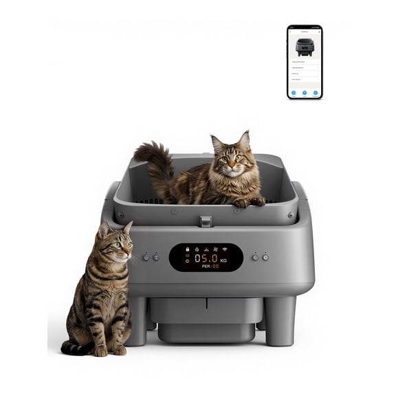 Automatic Litter Box, Smart Self Cleaning Cat Litter Box Anti-Pinch, 10 Safety Sensors, Large Cat Litter Boxs for Multiple Cats, 5G & 2.4G WiFi, 6" LED Display, Odor Control Robot, Grey