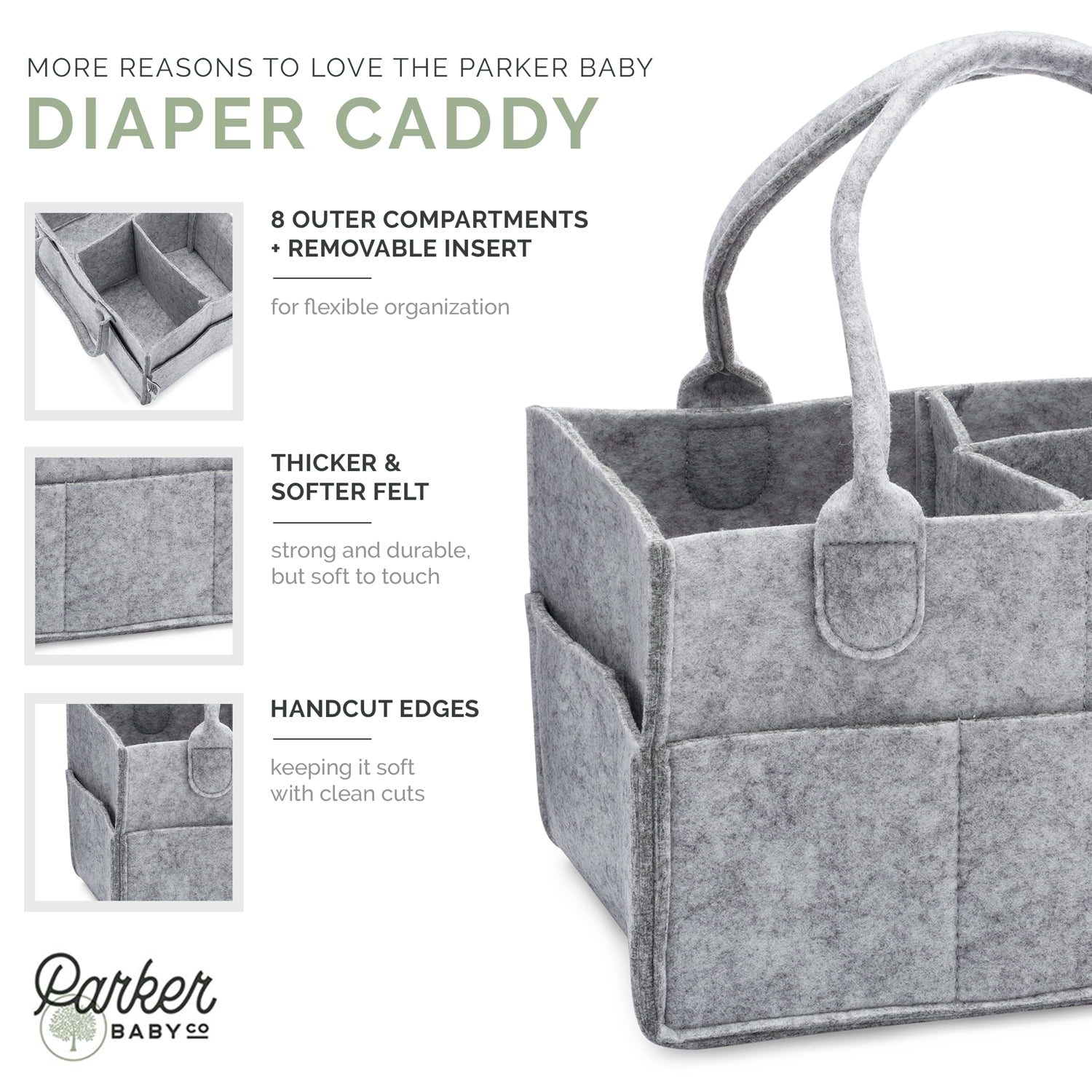 Parker Baby Co. Felt Diaper Caddy - Regular Nursery Organizer with Removable Dividers - Gray