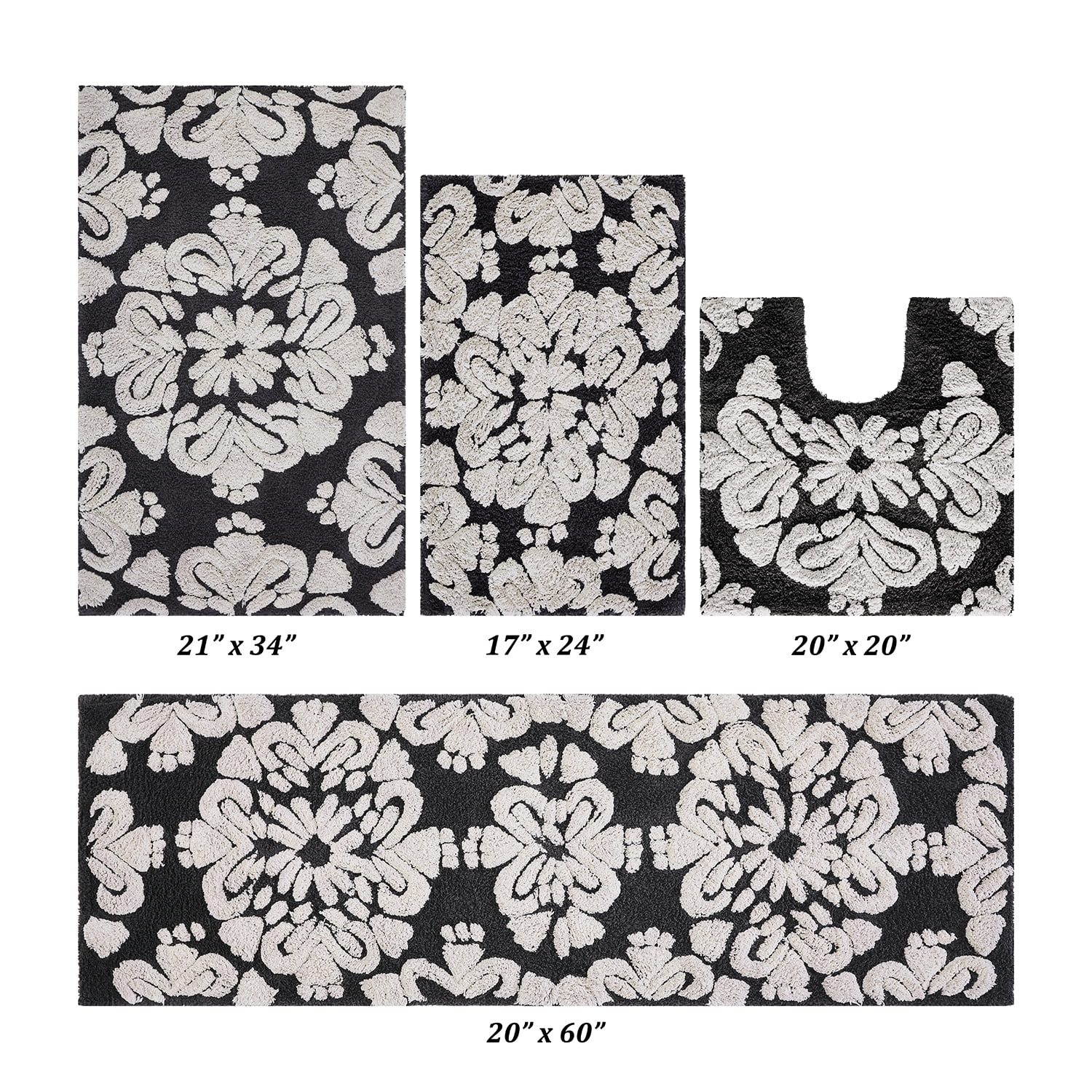 Better Trends 4 Piece Bathroom Rug Set 100% Cotton Extra Soft Tufted Bath Rug Water Absorbent Non-Slip Bath Mat Machine Washable (Charcol) Medallion Collection