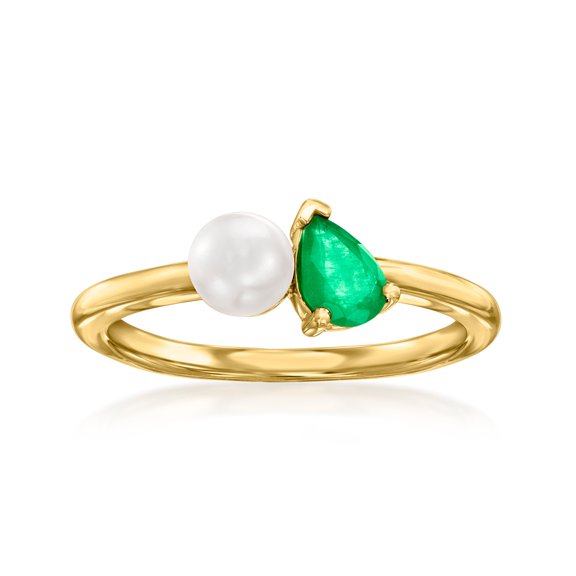 Ross-Simons 5mm Cultured Pearl and .30 Carat Emerald Toi Et Moi Ring in 14kt Yellow Gold, Women's, Adult