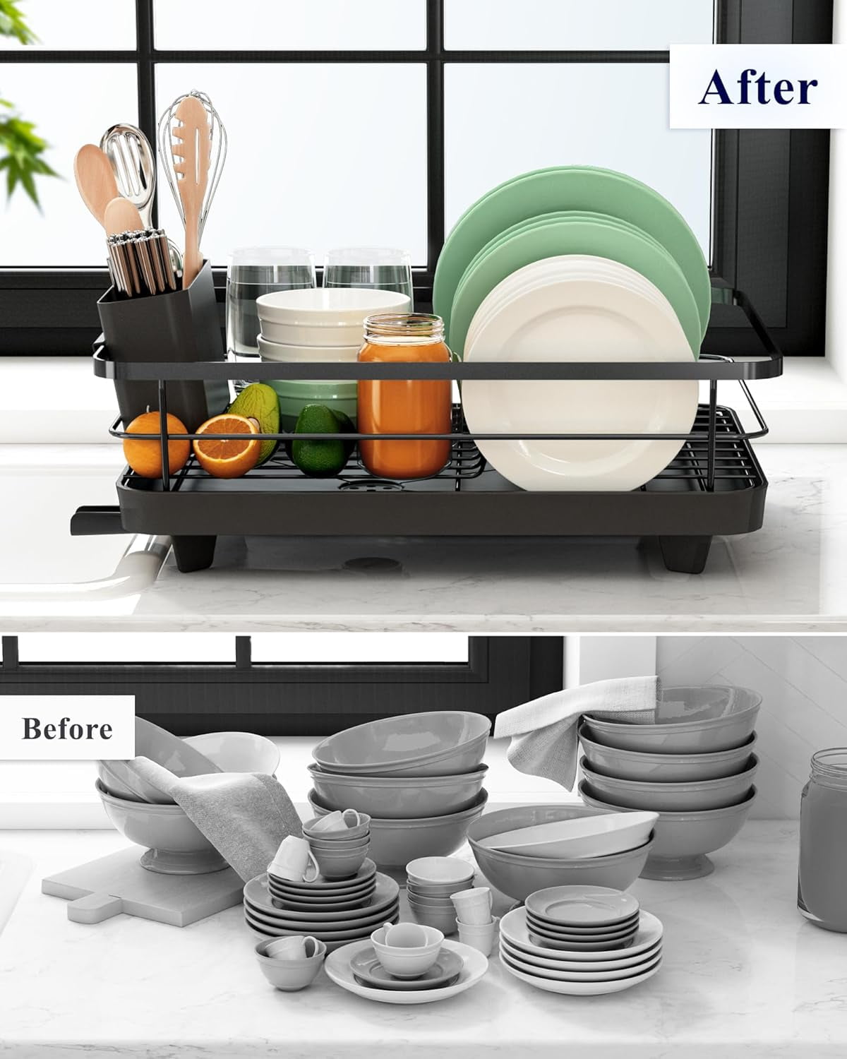 Kitsure Dish Drying Rack for Kitchen Counter, Stainless Steel Sink Organization and Storage Essentials with Cutlery Holder, Home and Appartment Decor, 12''W x 15.5''L, Red