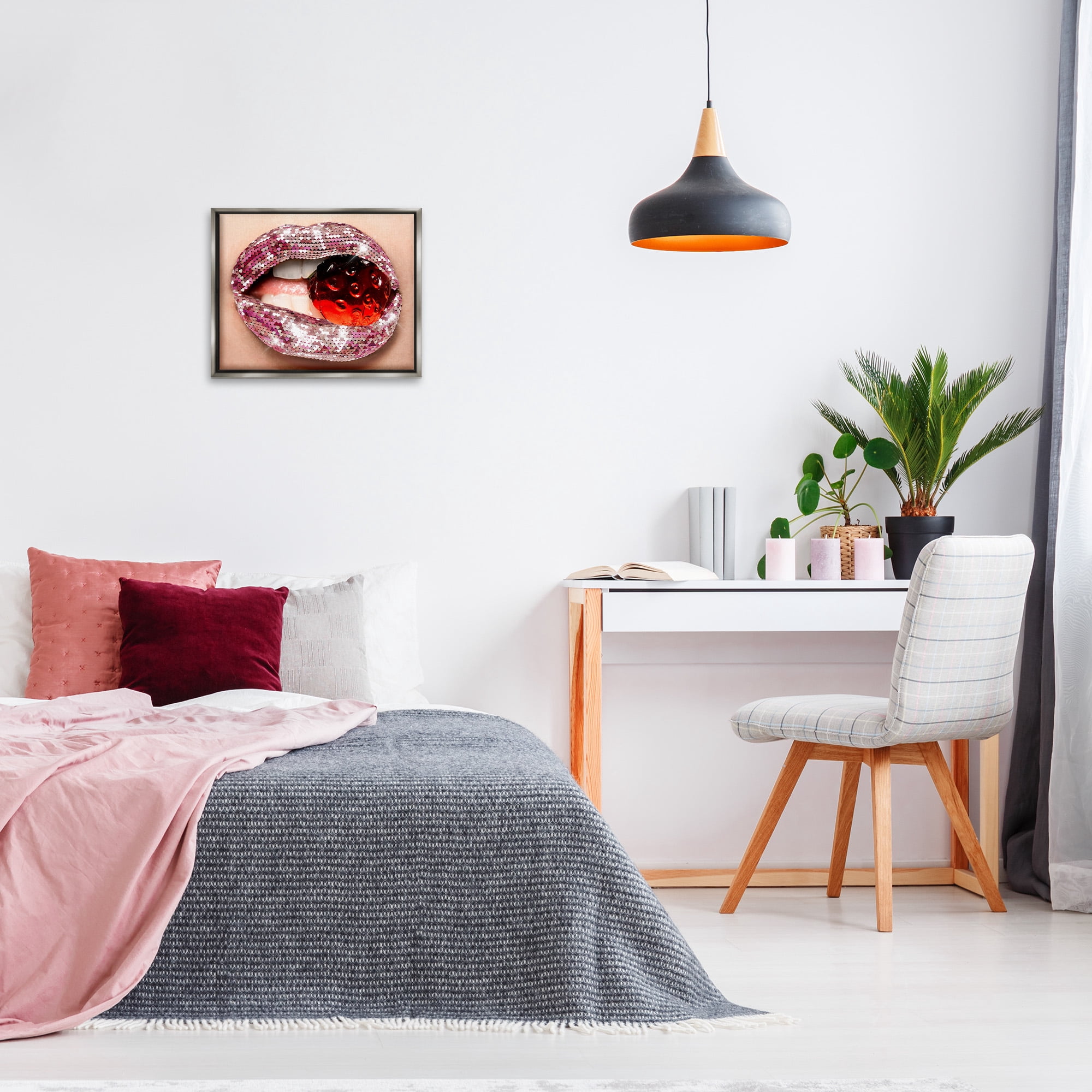 Stupell Industries Glam Biting Candy Novelty Painting Gray Floater Framed Canvas Art Print Wall Art, 21 x 17
