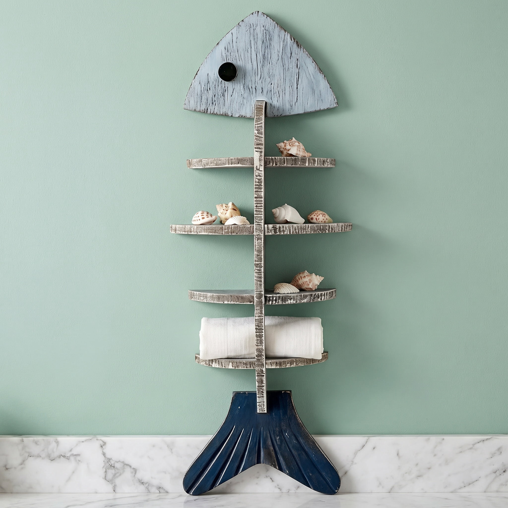 Wooden Fish Wall Shelf, Wood Fish Beach Decor Display Shelf, Nautical Coastal Style Wall - Mounted Organizer in Bedroom，Living Room，Lake House, Bathroom