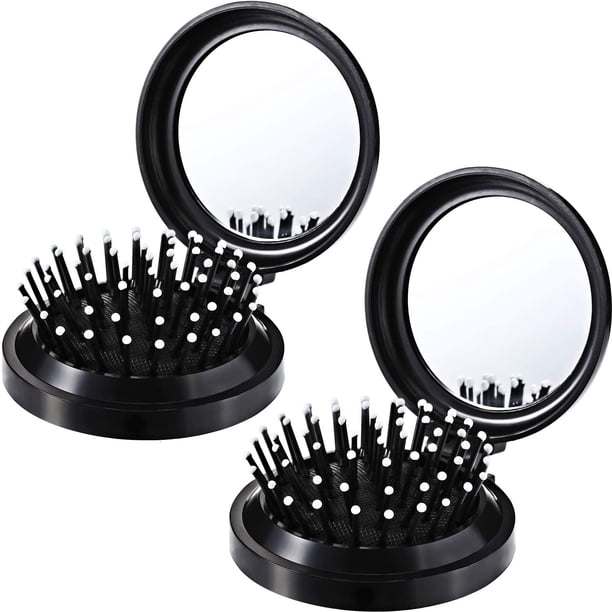 2 piezas (negro) cepillos de pelo plegables con espejo de viaje, redondo, portátil, plegable, de bolsillo, mini peine para el pelo, compacto, tamaño de viaje, peine de masaje para hombres y mujeres Sailing Electrónica