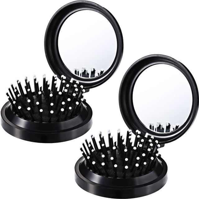 2 piezas (negro) cepillos de pelo plegables con espejo de viaje, redondo, portátil, plegable, de bolsillo, mini peine para el pelo, compacto, tamaño de viaje, peine de masaje para hombres y mujeres