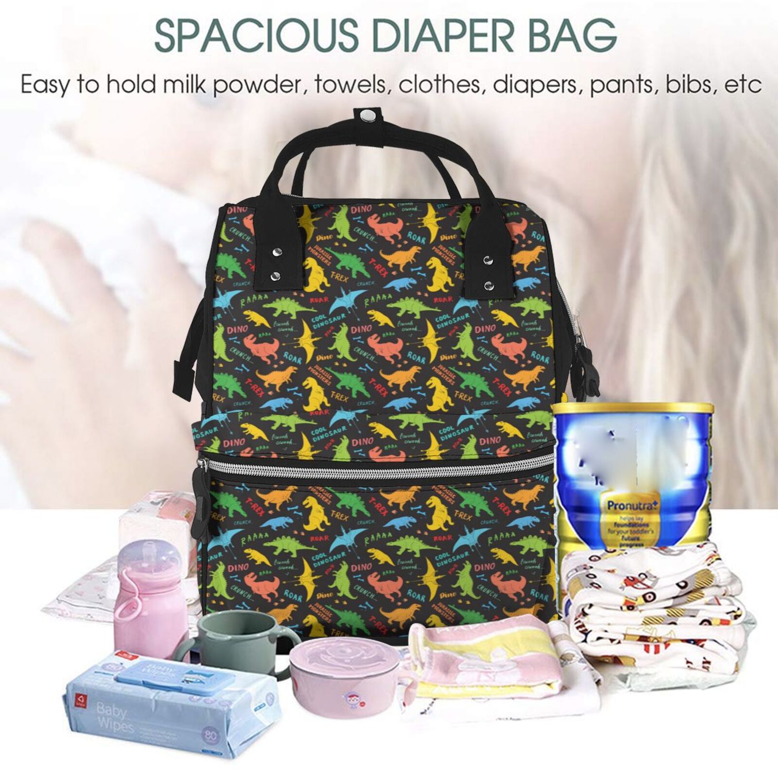 Ratiio Cartoon Dino Mummy Backpack - Waterproof Twill Canvas, Large Capacity Diaper Bag with Multiple Pockets and Adjustable Straps