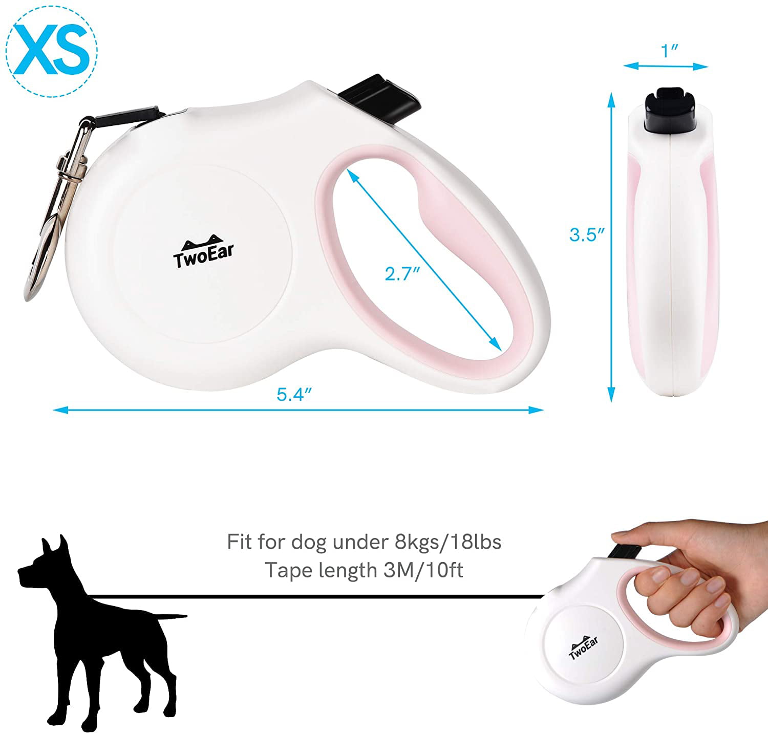 Strong Reflective Nylon Tape with Anti-Slip Handle Tangle-Free 10 ft Heavy Duty Long Pet Walking Leashes for X-Small/Small/Medium/Large Breed up to 18 lbs XS, White TwoEar Retractable Dog Leash