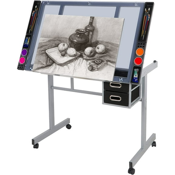 Drafting Table, 41.2''W x 24''D Glass Top Adjustable Craft Table Drawng Desk Artist Hobby Table Writing Desk with Wheels