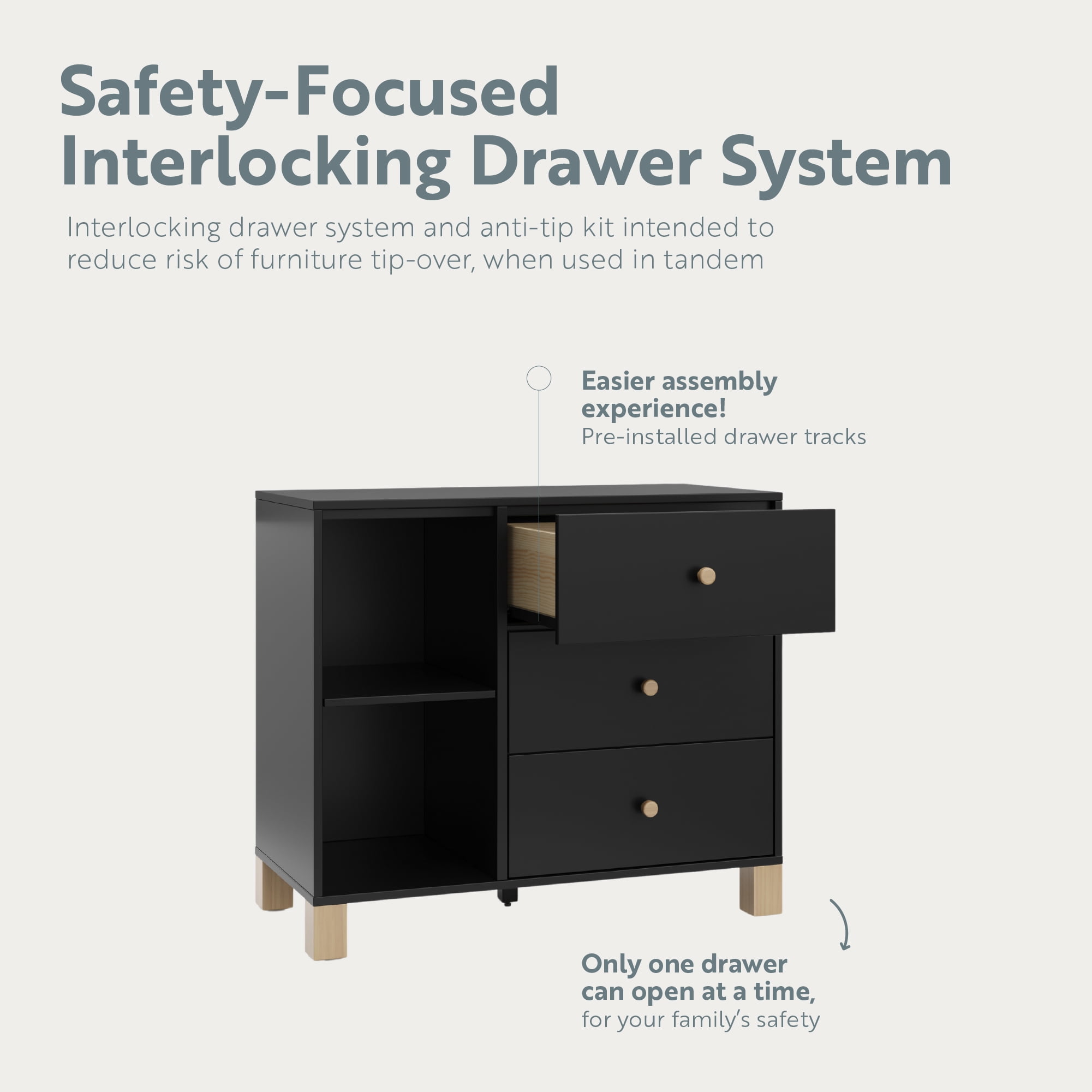 Storkcraft California 3 Drawer Nursery Combo Dresser, Black with Driftwood