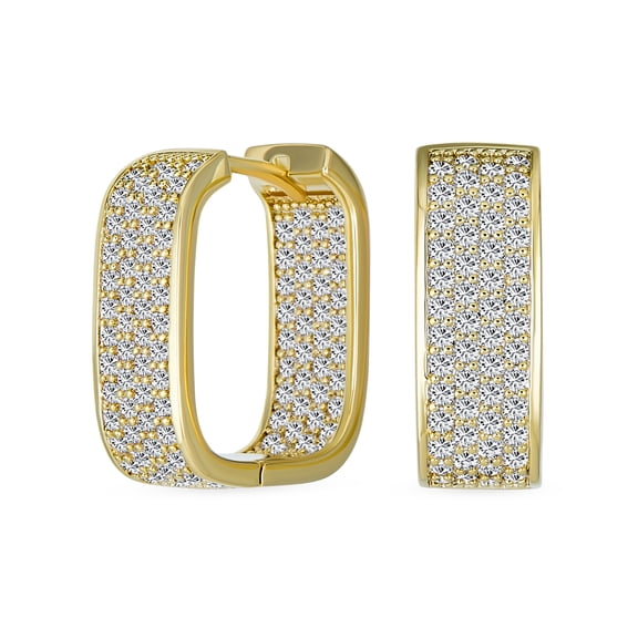 Bling Jewelry Womens Micro Pave CZ Inside Out Wide Rectangle Huggies Hoop Earrings Gold Hinge Style