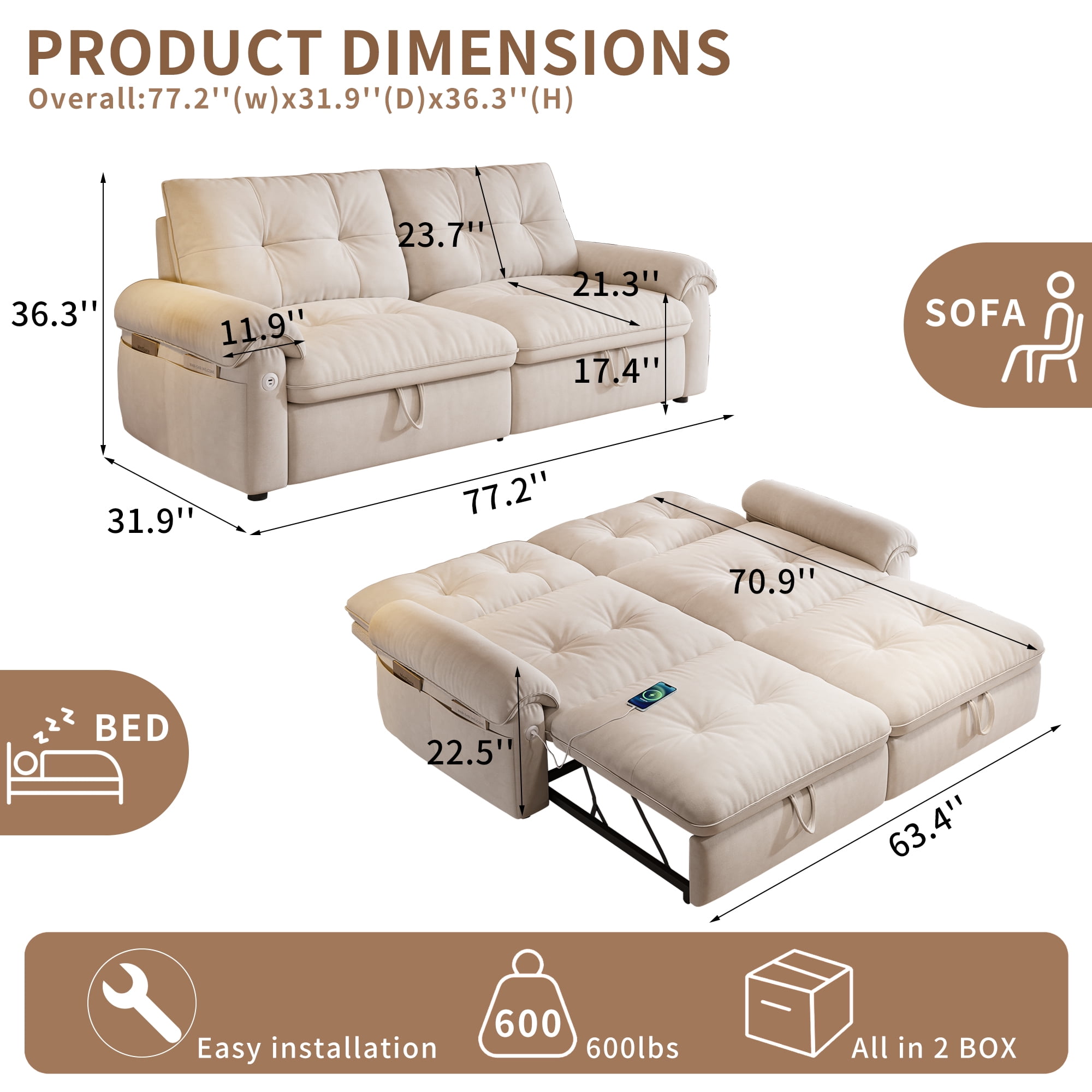 77.2'' Sleeper Sofa Bed Full Size, Flannel L Shaped Futon Couches, Modern Pull Out Couch, Comfy 3 In 1 Convertible Sofa, Loveseat, USB & Side Pockets, for Small Space, Living Room, Beige