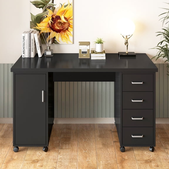 Sesslife Black Computer Desk, Writing Desk with Lockable WheelsModern Wood Study Desk with 4 Drawers for Home Office Workstation