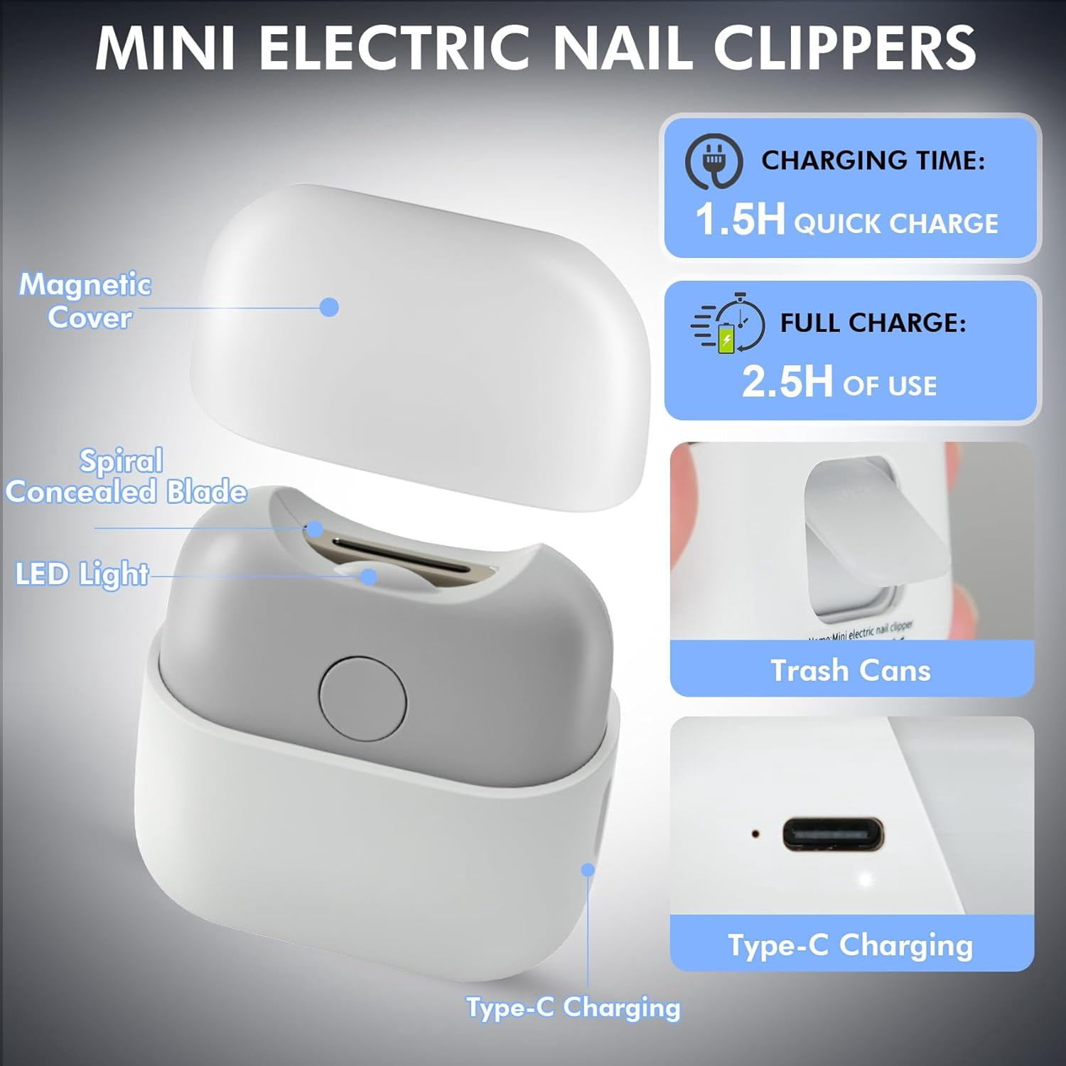 Aorsher 2 Speeds Automatic Nail Clipper, Multi-Function Electric Nail Clipper with Light and Nail Chip Storage, Rechargeable Electric Nail Clipper  for Babies, Adults and Seniors