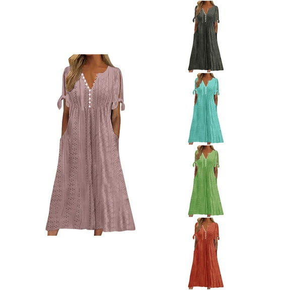 Ahuyic Summer Plus Size Dress For Women, Womens Short Sleeve V-Neck Casual Dress, Fashion Womens Summer Casual V-Neck Short Sleeve Button Long Dress