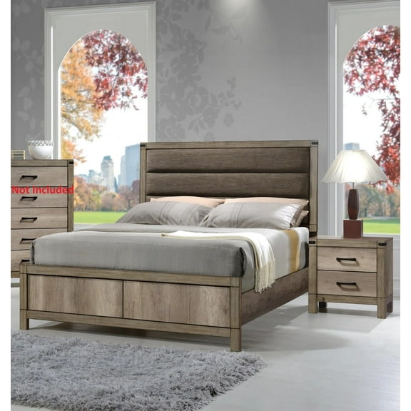 Contemporary 3pc Bedroom Set Upholstered Queen Size Bed and Nightstands Light Brown Wood Finish Furniture