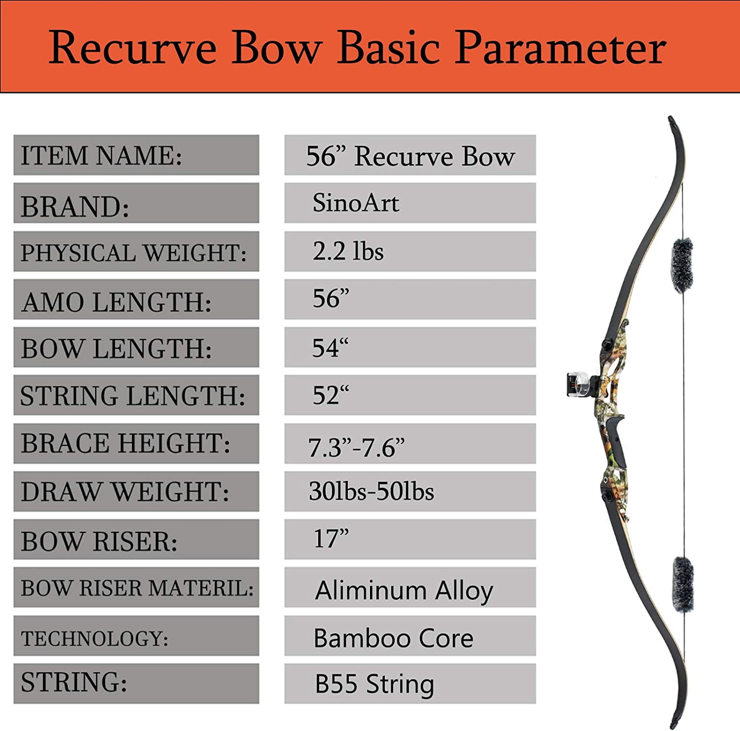 56" Recurve Bow with 30 Max Draw 30 35 40 45 50lb Draw Weight Right Hand Outdoor Hunting Bows Arrows Archery Set
