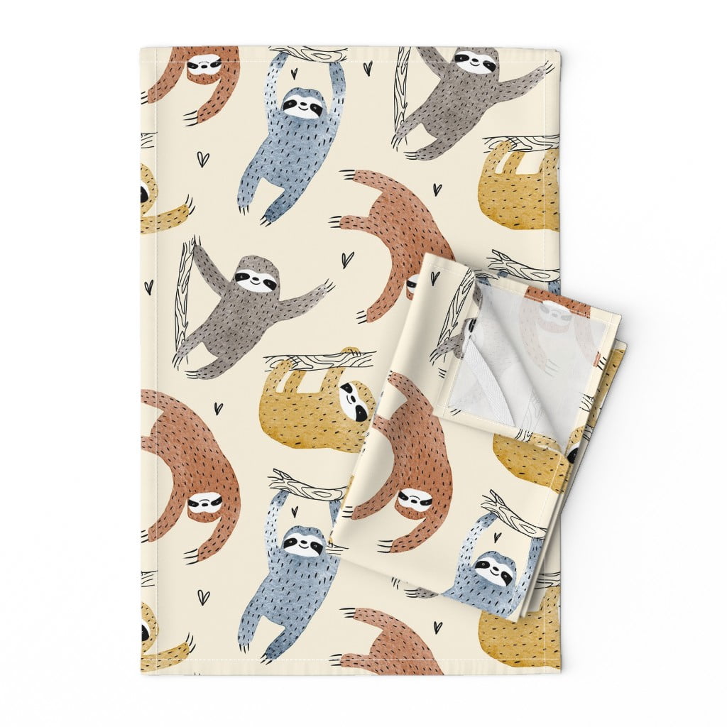 Printed Tea Towel, Linen Cotton Canvas Sloths Love Watercolor Sloth