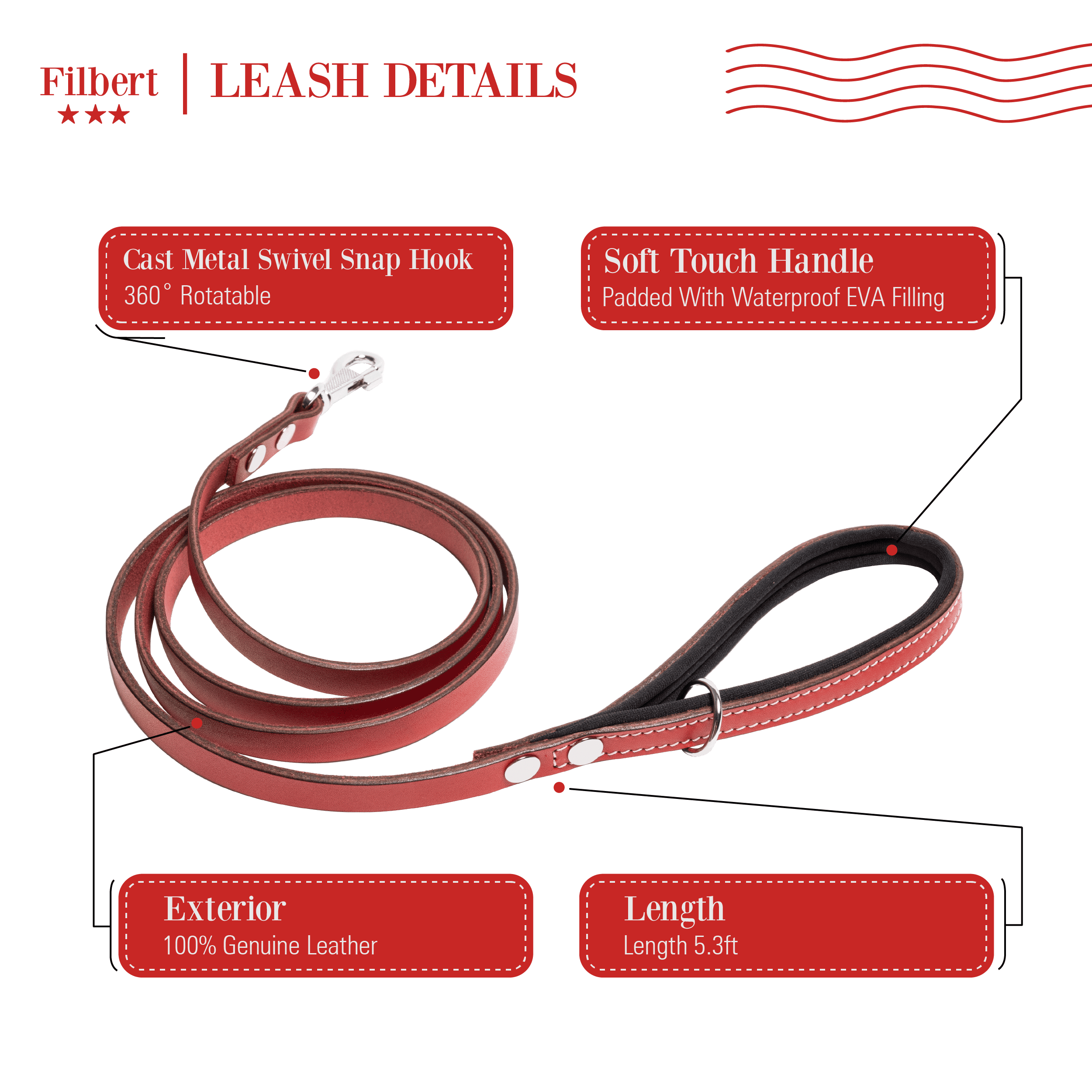 Filbert Genuine Leather Dog Leash, Strong Leather Leash for Small, Medium, Large Breed Dogs, 5.3ft, Soft and Comfortable, Durable, Heavy Duty, Red
