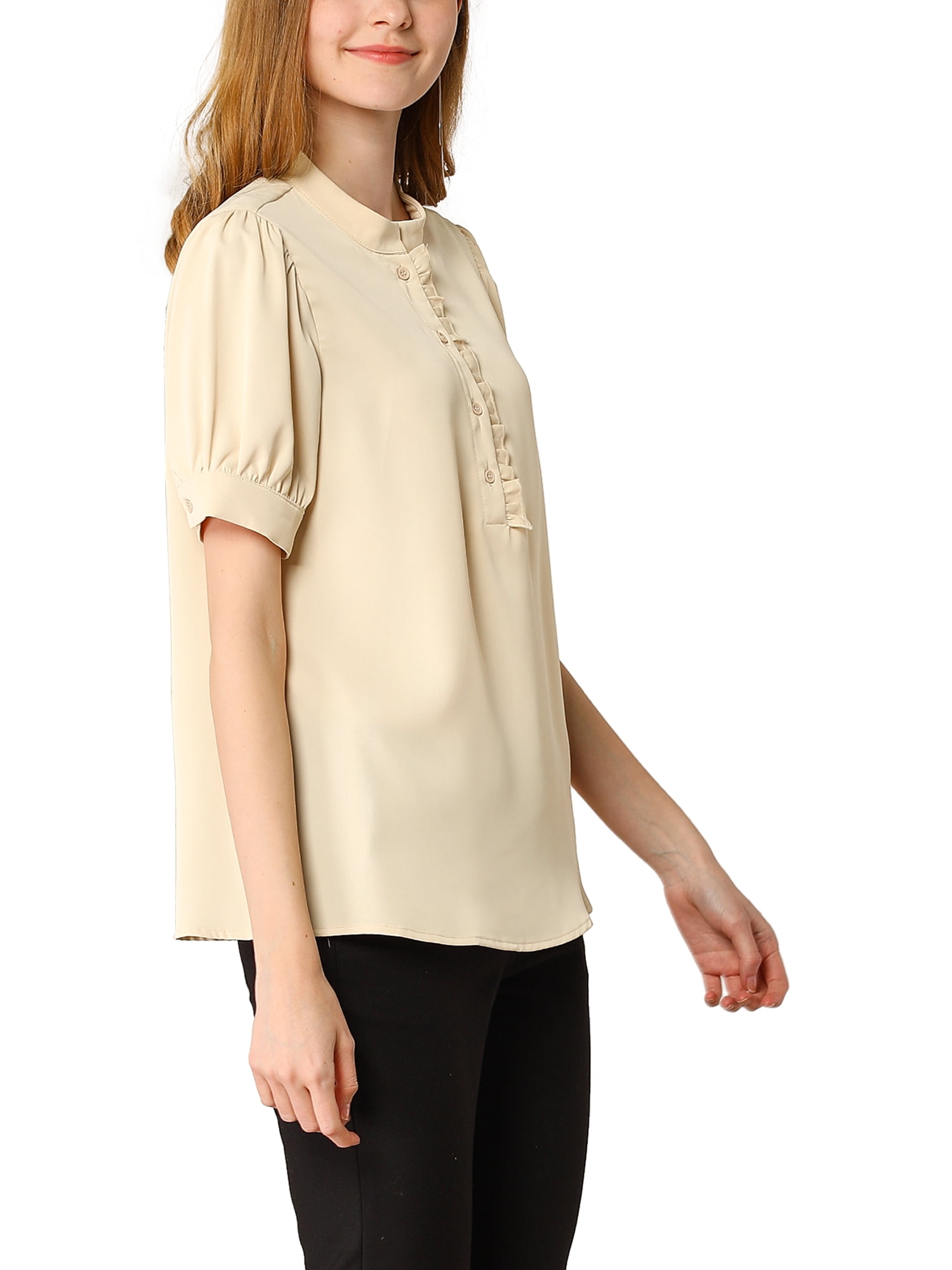 DARING DIVA Ruffled Half Button Placket Short Sleeves Work Top L Apricot