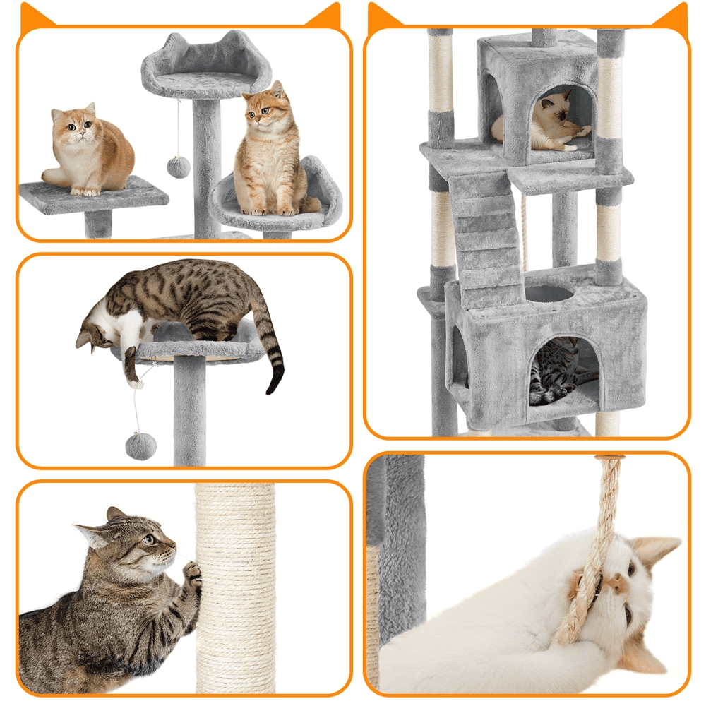 Alden Design 72″ H Multi-Level Large Cat Tree with 2 Cozy Perches for Medium Cats, Light Gray