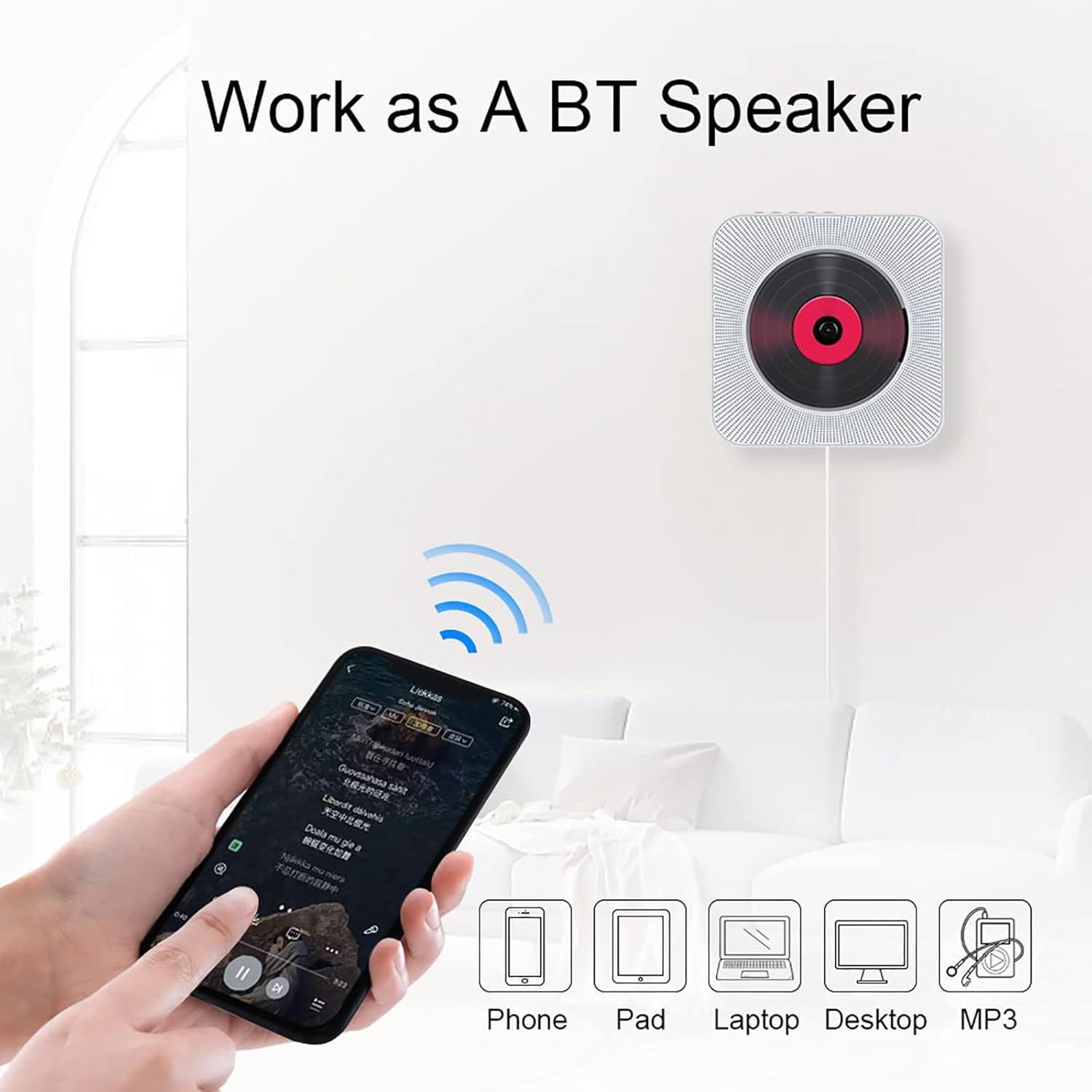 Bluetooth CD Player, Wall-Mounted Home Audio Speaker with LED Screen Display, Supports U Disk, TF Card Playback, Supports CD, CD-R, CD-RW, MP3, WMA and Other Formats