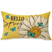 Hello Spring Lumbar Decorative Rectangle Pillow Cover 12 x 20, Daisy Flower Yellow Porch Patio Outdoor Pillowcase, Floral Butterfly Seasonal Sofa Couch Cushion Case Home Decor