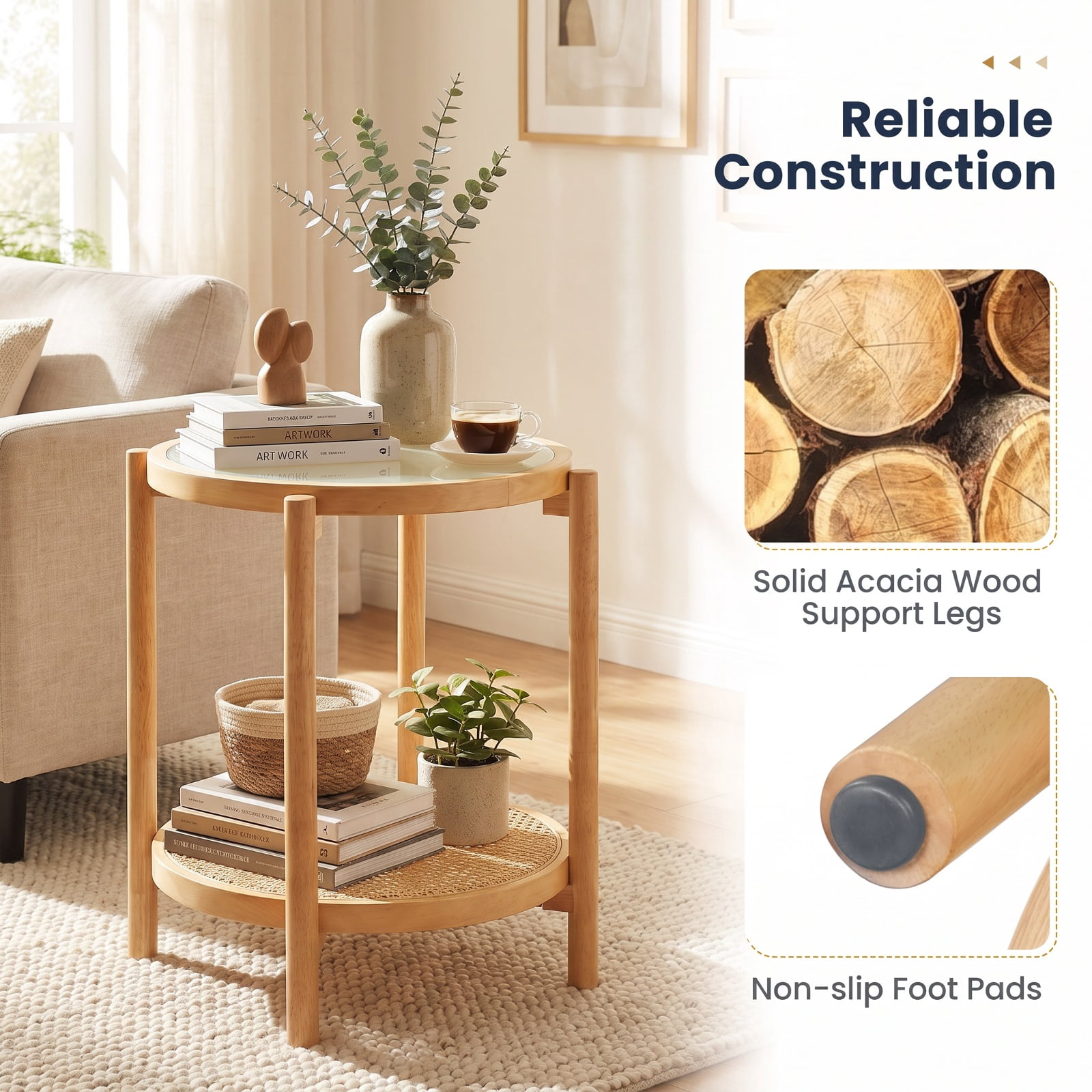 Furnibear Round Side Table 2 Tier Boho End Table with Tempered Glass Top and Woven Rattan Shelf on Acacia Wood Legs for Living Room, Natural