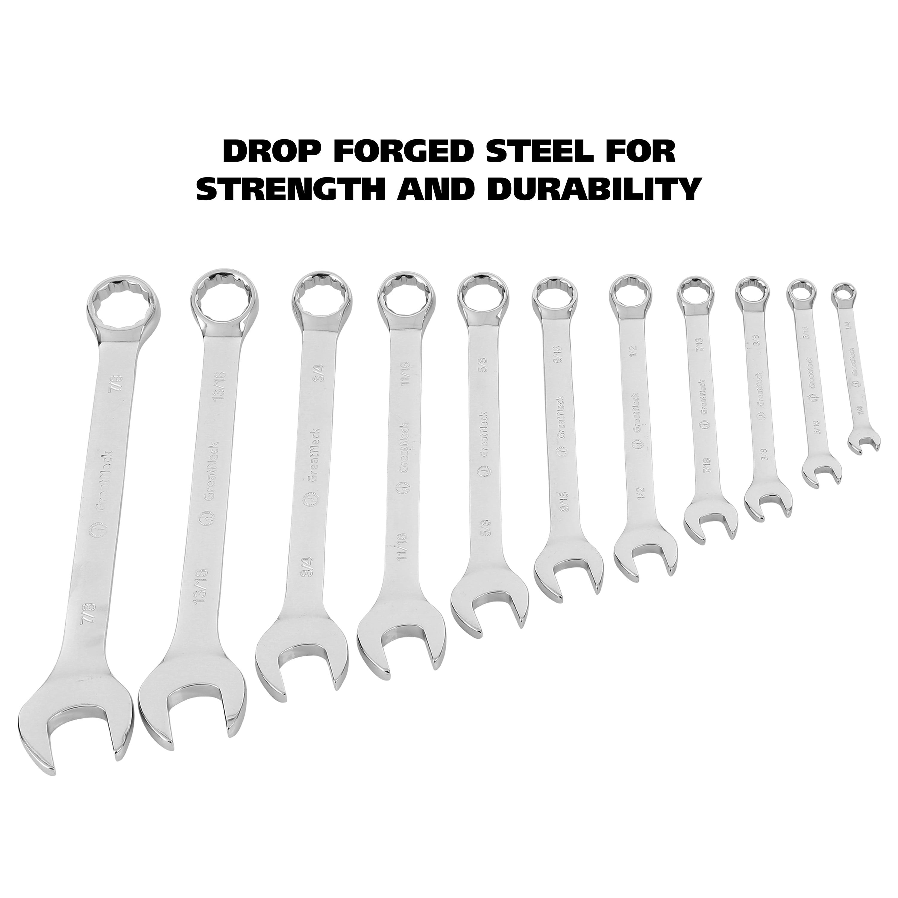 GreatNeck Combination Wrench SAE Set with Rack, Drop Forged Steel, 11 Piece