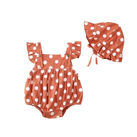 

CenturyX Newborn Baby Girls Romper with Hat Sleeveless Polka Dots Bodysuit Summer Jumpsuit 2Pcs Outfits Set Orange 6-12 Months