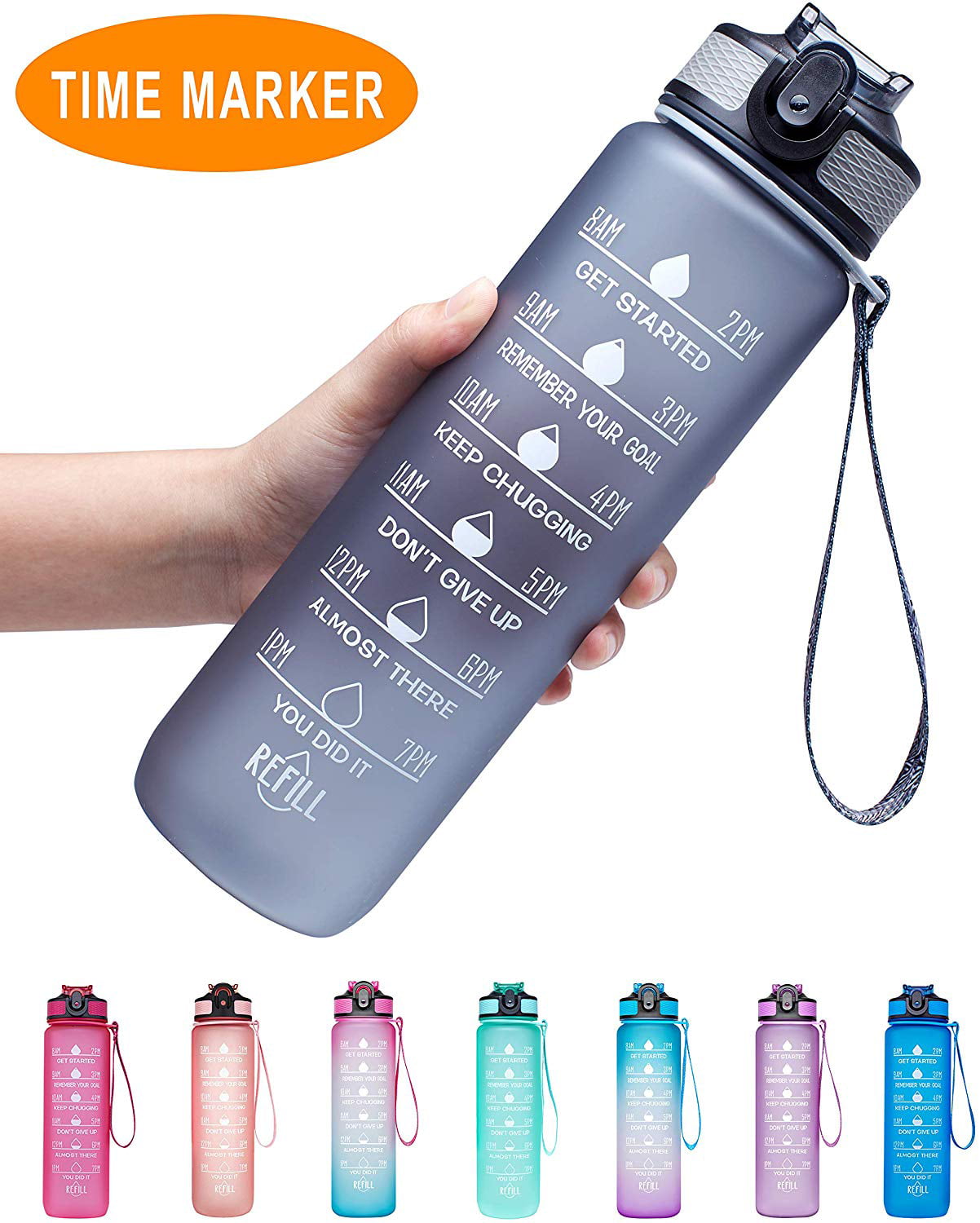 Leakproof Water Bottles BPA Free Water Bottle Handle/&Straw Drink Water Bottle Time Marker for Sports Fitness outdoor Yellow Blue