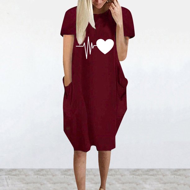 WILLBEST Handkerchief Hem Dress Women Casual Heart-Shaped Print Dress Round  Tie Pocket Short Sleeve Dress - Walmart.ca