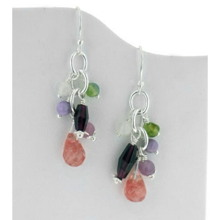 Quartz Briolette Earrings - Sterling Silver Gemstone Beaded Hook Earrings with Cherry Quartz Briolette Drops