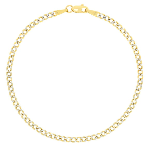 Nuragold 10k Real Yellow Gold Cuban Curb Link 2.5mm Diamond Cut Pave Chain Bracelet or Anklet (7"-9") Two Tone Italian Jewelry for Men & Women