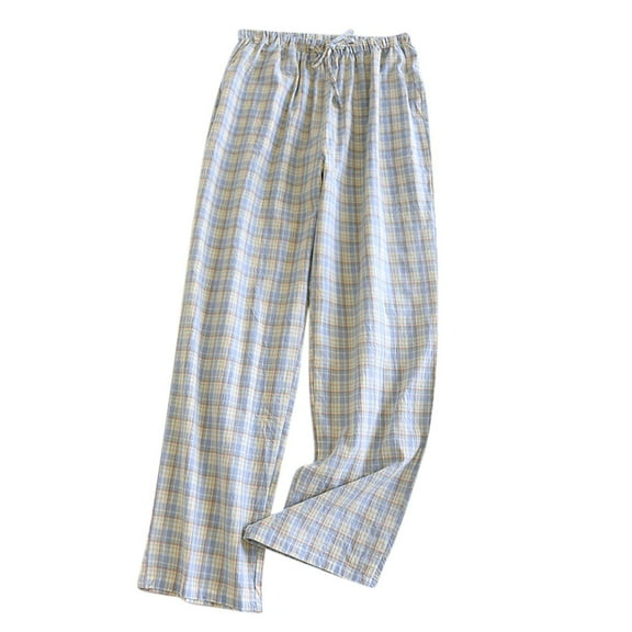 UYISJ Women's Cotton Pajama Bottoms Lightweight Sleep & Lounge Pants Plaid Sleepwear Long Pj Pants With Pocket Blue L
