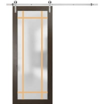 Sturdy Barn Door 18 x 80 inches | Planum 2113 Chocolate Ash Frosted Glass | Stainless Steel 6.6FT Rail Hangers Heavy Set | Solid Panel Interior Doors