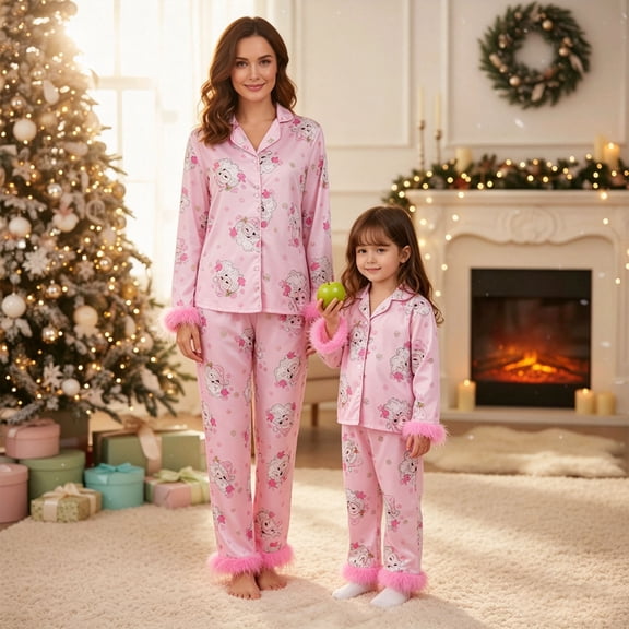 AIGUR Mommy and Me Christmas Pajama Set Santa Claus Print Fuzzy Trim Long Sleeve Tops and Pants Holiday Sleepwear Outfit
