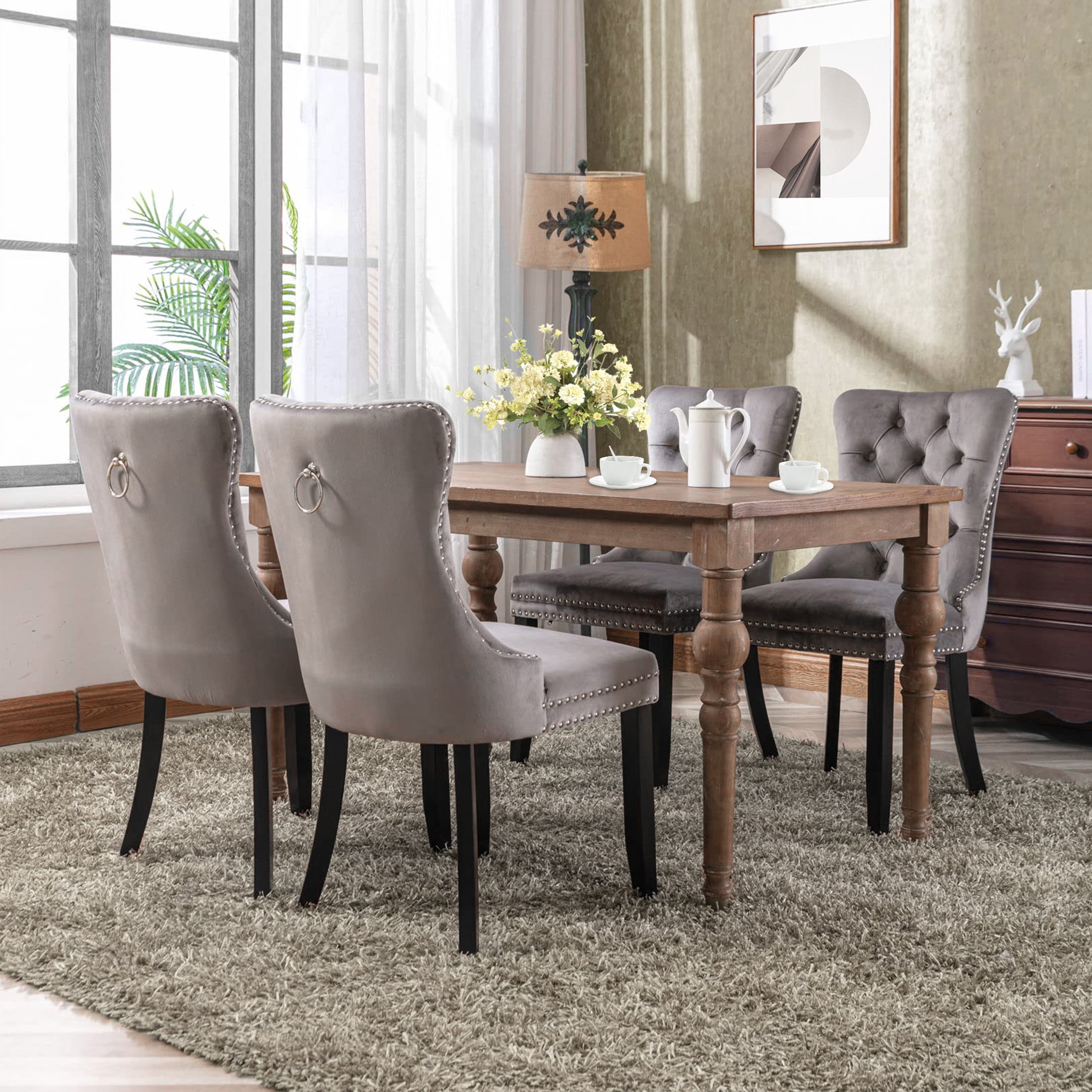PORKISS Dining Chairs Set of 4, Upholstered High-End Tufted Dining Room Chair with Back Ring and Nailhead Trim, Modern Velvet Chairs with Solid Wood Legs for Kitchen,Gray