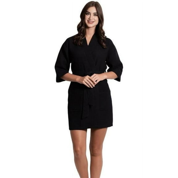 Towelsoft WM-Waffle-Shrt-BLK-OS Womens Short Cotton Blend Waffle Kimono Black Bathrobe - One Size