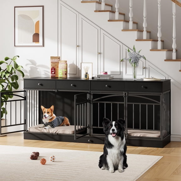 78.7 Inch 4-Door Black Wooden Double Dog Crate Furniture with Bowls