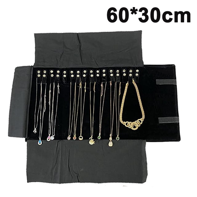 Collar, pulsera, pendientes, anillo, bolsa enrollable, organizador de joyas de viaje de terciopelo (negro)