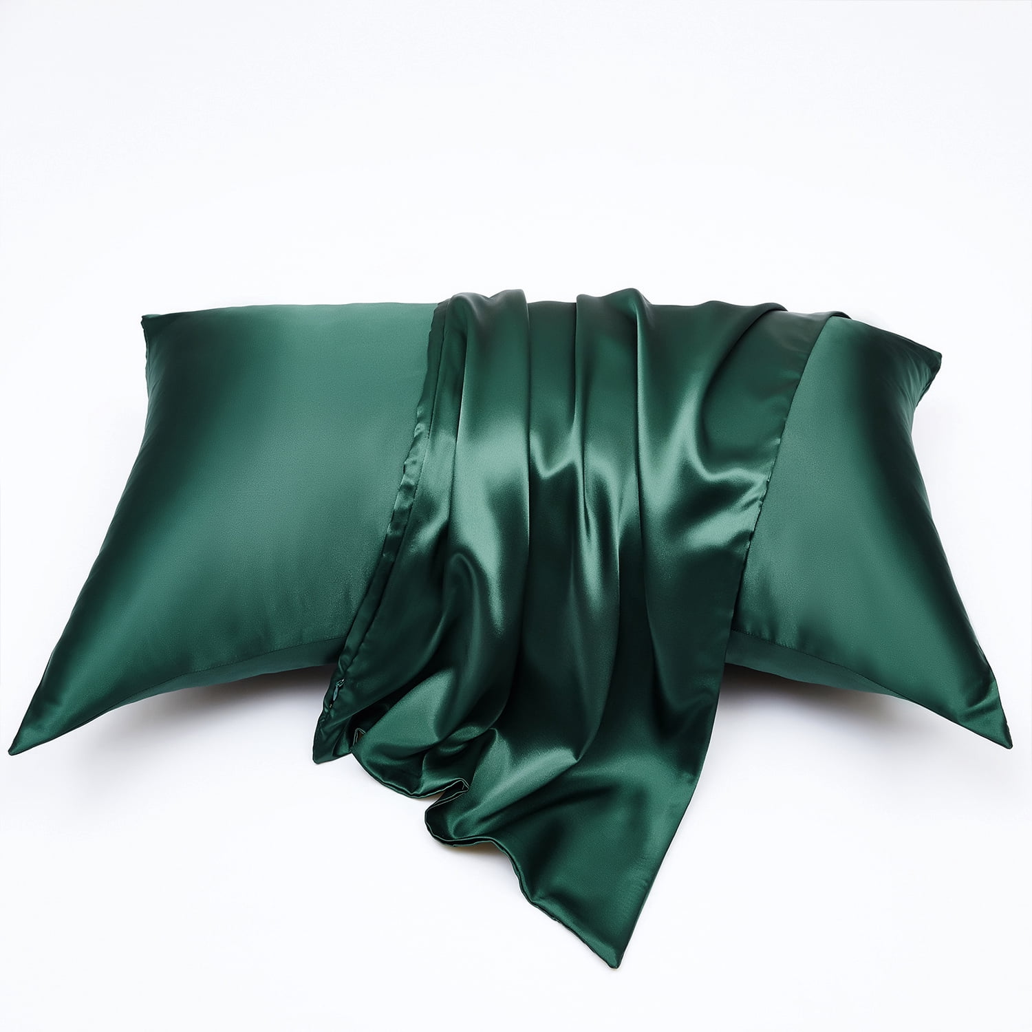 HIG Cooling Curved Pillow Cases 2 Pack King - Silky Soft Stretch Satin Pillow Shams, Dark Green - 20x36 Inches