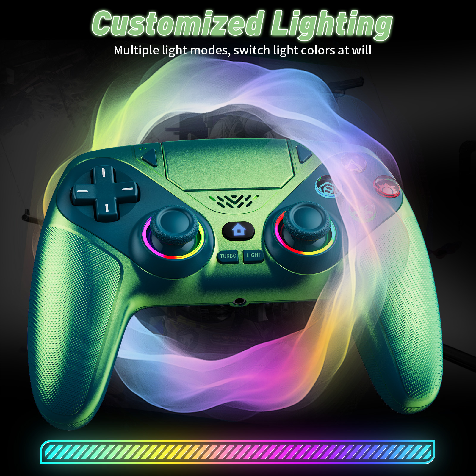 Control inalámbrico LED para P5, compatible con P5 Pro/Slim/PC, doble vibración, función macro/turbo, conector de audio de 3.5mm, control de movimiento de 6 ejes con altavoz y RGB (verde azulado) 2