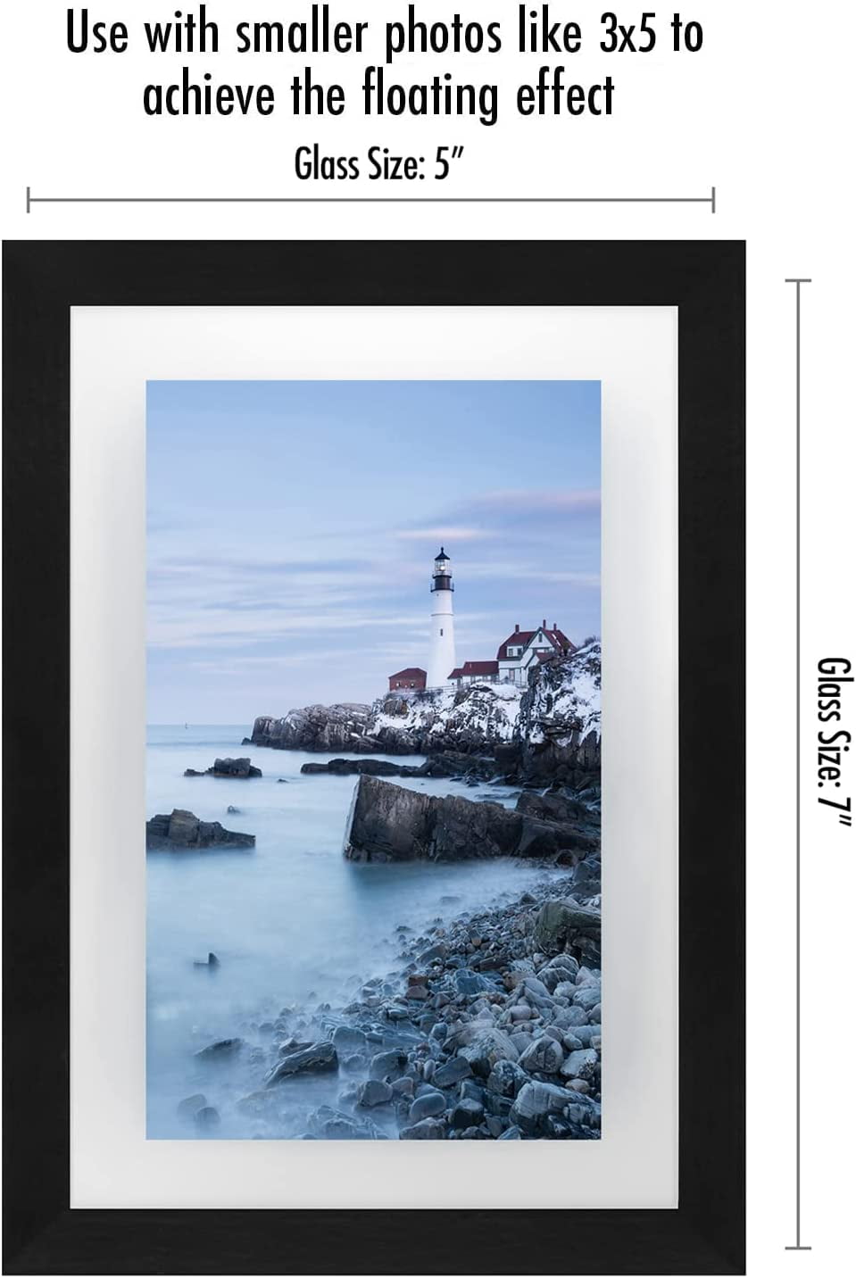 Americanflat 5x7 Floating Picture Frame in Black with Polished Glass and Hanging Hardware Included - Backless Frame with Easel for 4x6 Photos in Horizontal and Vertical Formats for Wall and Tabletop