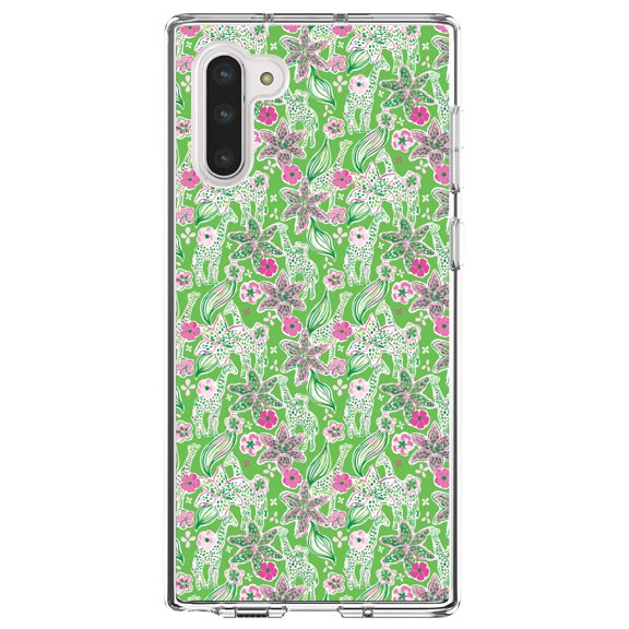 DistinctInk Clear Shockproof Hybrid Case for Samsung Galaxy Note 10 (6.3" Screen) - TPU Bumper, Acrylic Back, Tempered Glass Screen Protector - Preppy Pattern - Pink & Green Flowers Floral
