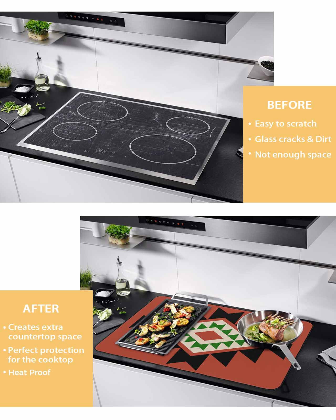 nqOlkjepod Large Induction Cooktop Protector Mat 24"x21", Red Black Green Boho Stove Top Covers for Electric Stove, Farmhouse Vintage Abstract Geometric Stove Burner Cover Mats Stove Cover
