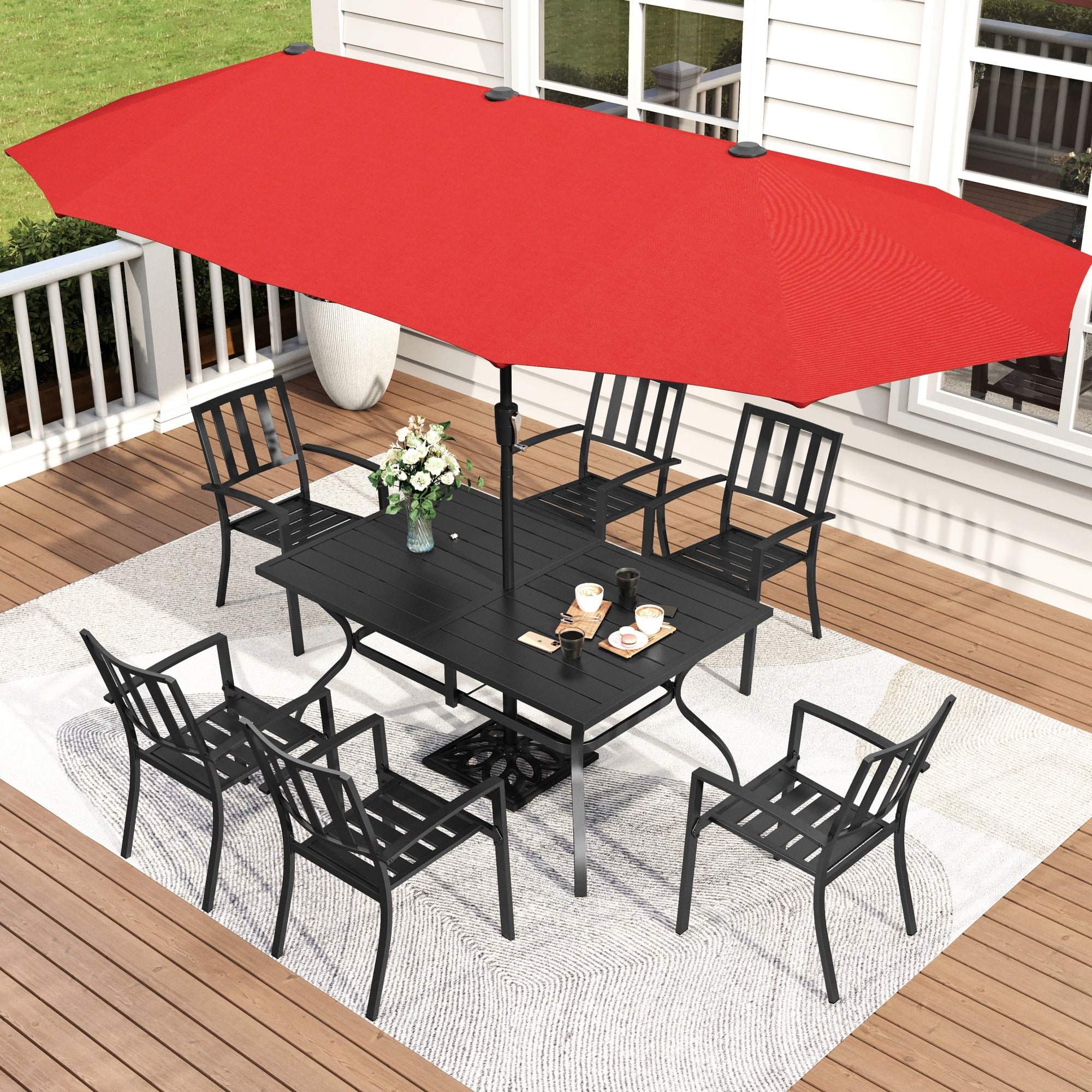 MF Studio 8-Piece Outdoor Patio Dining Set with 13 ft Umbrella, Stacking Chairs & 6-Person Table, Black & Orange Red